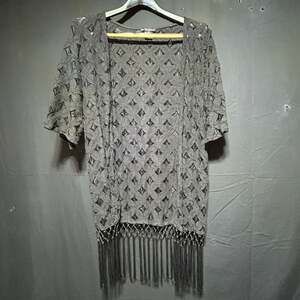 Whimsigoth Boho Chic Black Crochet Lace Fringe Hem Kimono Cardigan SzSmall